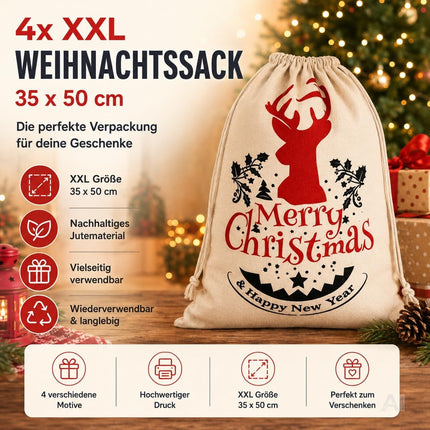 Vier Weihnachts-Geschenksäcke Modell 1 in natürlicher Optik mit Kordelzug – Produktmotiv 5