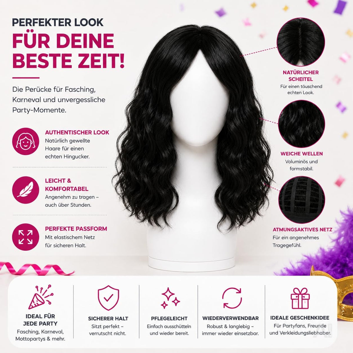 Schwarze Langhaarperücke