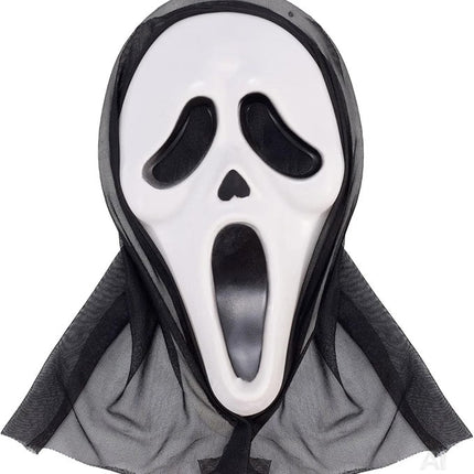 Weiße Geistermaske mit schwarzer Kapuze