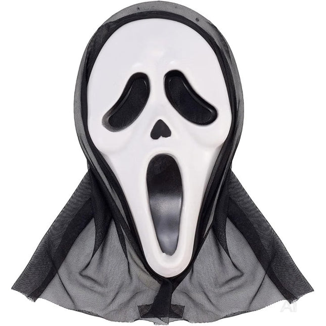Weiße Geistermaske mit schwarzer Kapuze