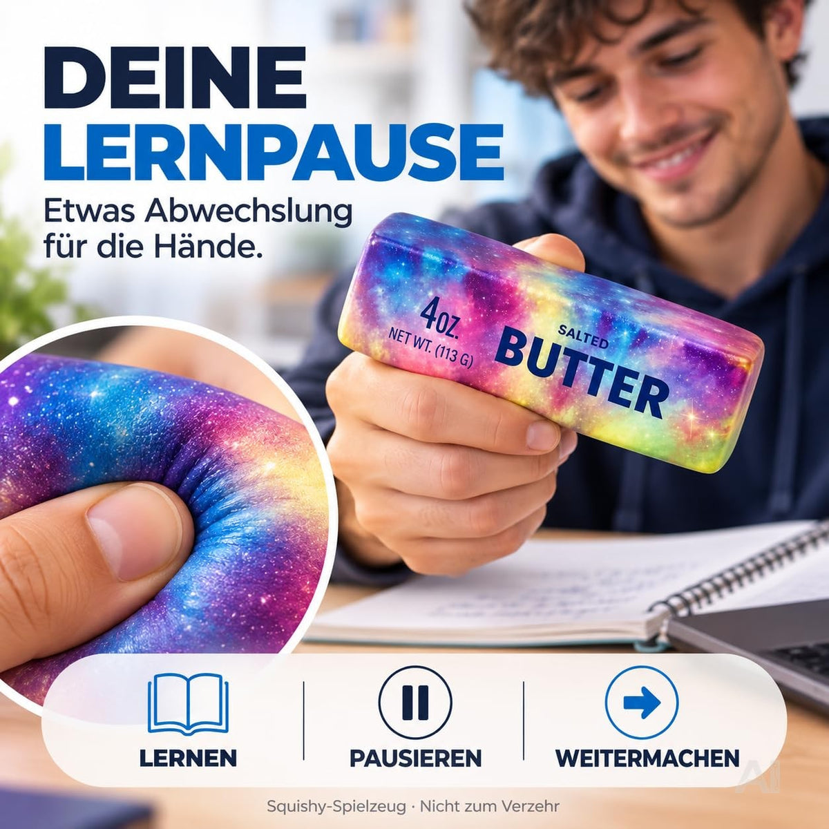 Butter Squishy Antistress-Spielzeug – Weicher Margarine Quetsch zum Knautschen, Fidget Toy für Hände, Arbeitsplatz, Schule & Freizeit (Galaxy bunt)
