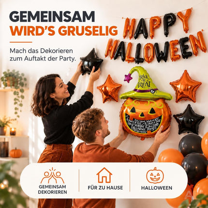 Halloween Deko Set – Luftballons in Orange und Schwarz, Kürbis, Happy Halloween Schriftzug und Sterne für Partydekoration