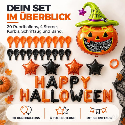 Halloween Deko Set – Luftballons in Orange und Schwarz, Kürbis, Happy Halloween Schriftzug und Sterne für Partydekoration