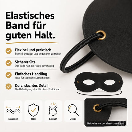 Schwarze Augenmaske für ein Banditenkostüm – Nahaufnahme des elastischen Bandes