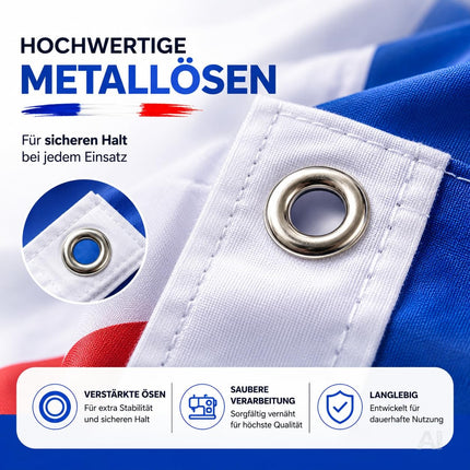 Französische Flagge in Blau-Weiß-Rot – Nahaufnahme einer Metallöse