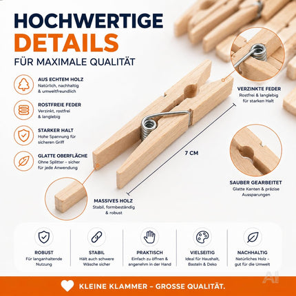 Wäscheklammern aus Holz – Nahaufnahme der Metallfeder
