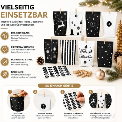 Adventskalender mit 24 Tüten Modell 3 in Schwarz und Weiß mit Weihnachtsmotiven – Produktmotiv 4
