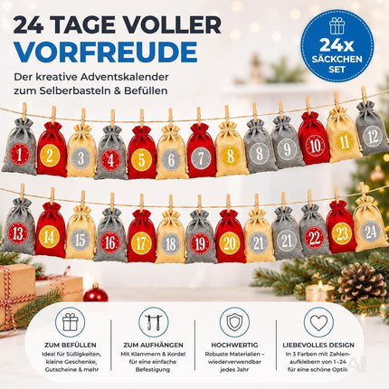 Adventskalender mit 24 Säckchen Modell 2 in Rot, Grau und Naturfarben – Produktmotiv 5