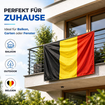 Belgische Flagge in Schwarz-Gelb-Rot – an einem Balkon