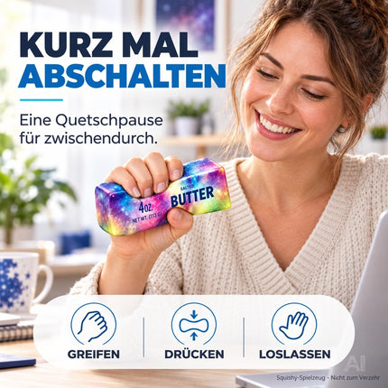 Butter Squishy Antistress-Spielzeug – Weicher Margarine Quetsch zum Knautschen, Fidget Toy für Hände, Arbeitsplatz, Schule & Freizeit (Galaxy bunt)