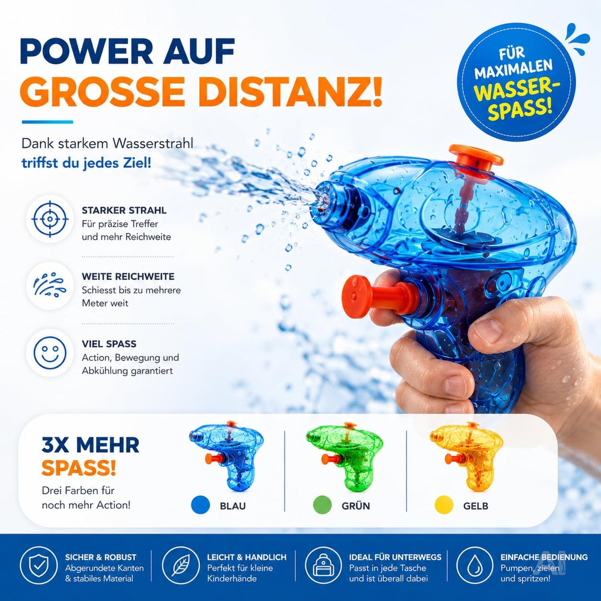 Bunte Mini-Wasserpistolen – Nahaufnahme einer spritzenden Wasserpistole