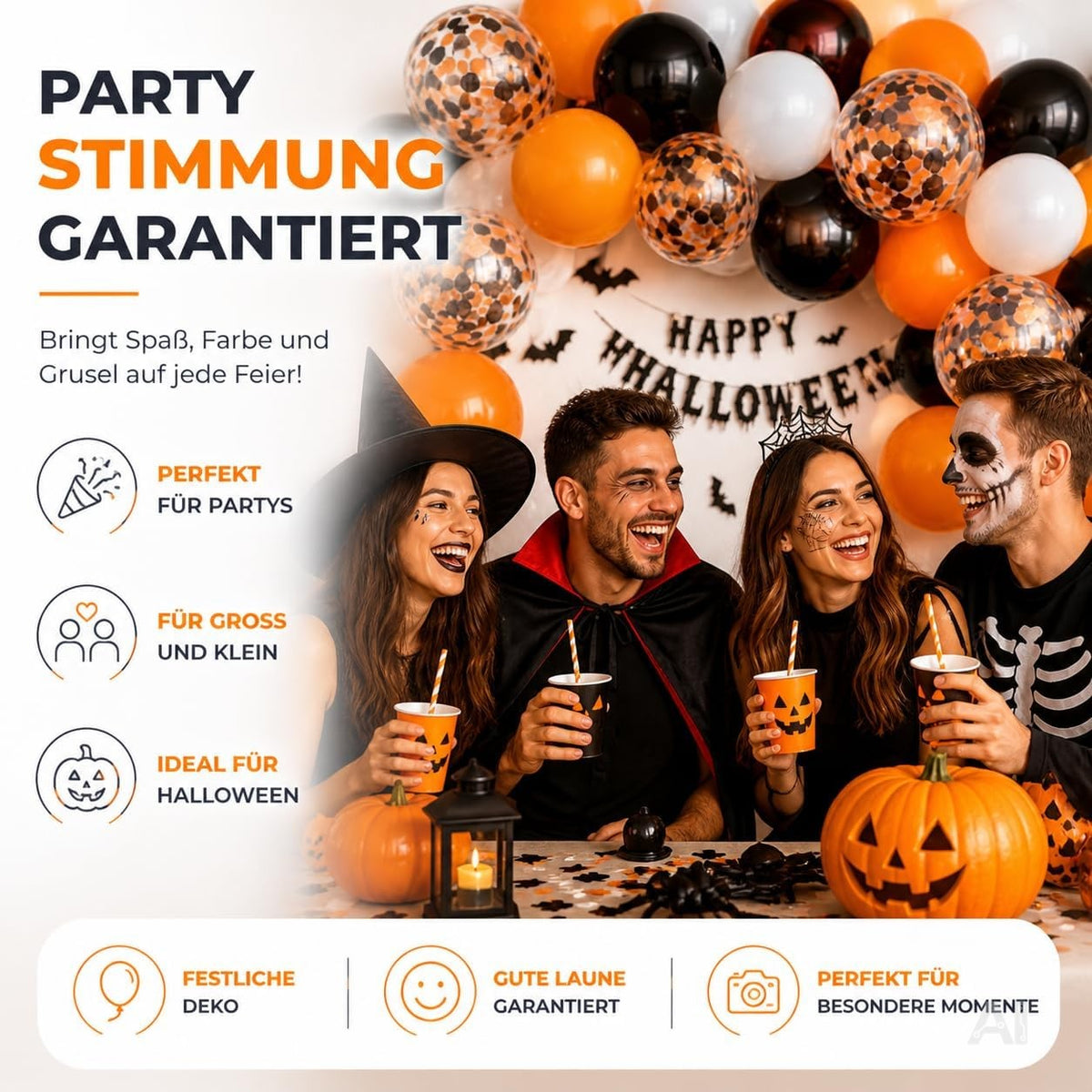 Halloweenparty mit vier verkleideten Erwachsenen vor einer Girlande aus Halloween-Luftballons.