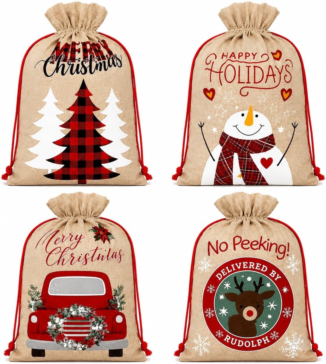 Jutesack Weihnachten 4er-Set Modell 1 – große Geschenksäcke 35 × 50 cm mit Kordelzug und Weihnachtsmotiven, wiederverwendbare Nikolaussäcke in natürlicher Jute-Optik zum Befüllen und Verschenken