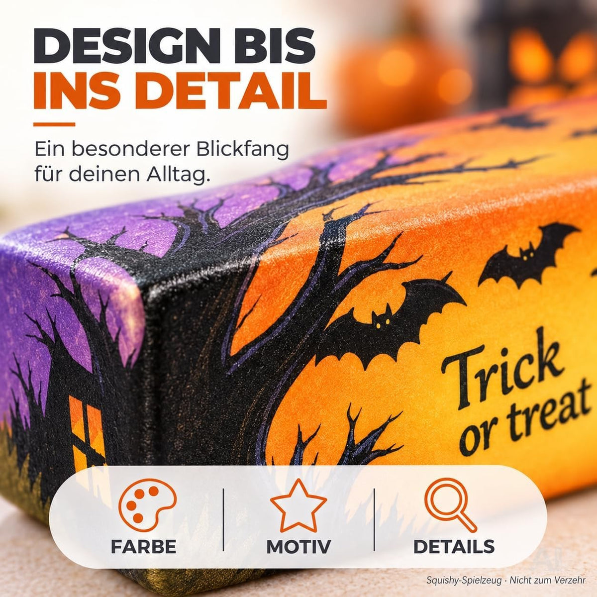 Nahaufnahme der Fledermaus- und Halloween-Motive auf dem Butter Squishy