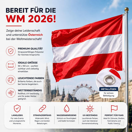 Österreich Flagge 90x150 cm – WM 2026 Weltmeisterschaft Fahne Fanartikel aus strapazierfähigem Polyester mit Metallösen