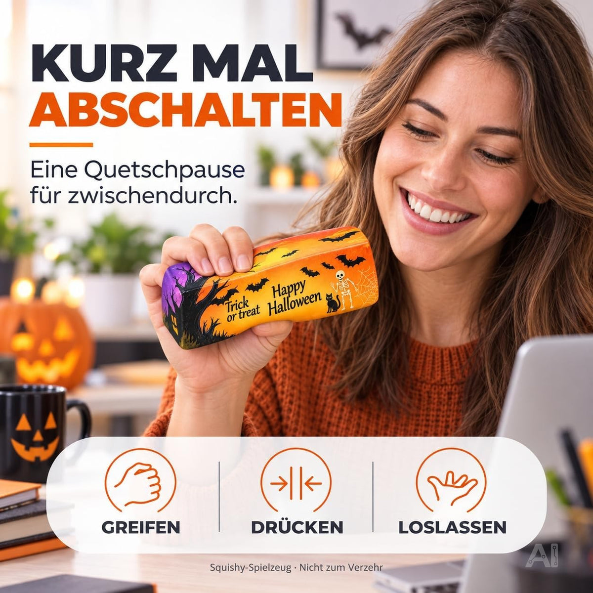 Eine Frau drückt das orange Butter Squishy Halloween 01