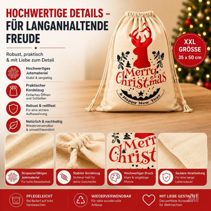 Vier Weihnachts-Geschenksäcke Modell 1 in natürlicher Optik mit Kordelzug – Produktmotiv 7