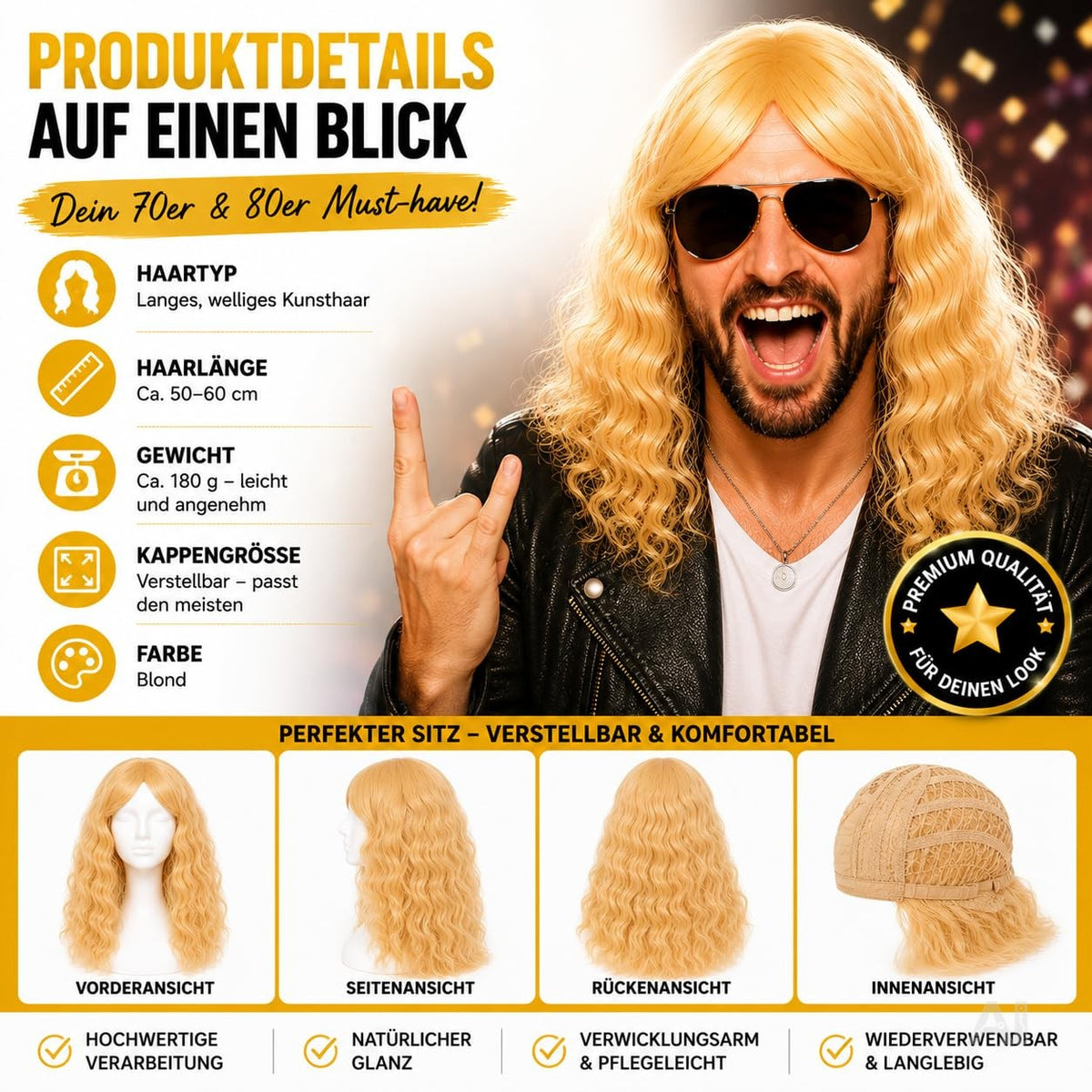 Blonde Langhaarperücke – von einem Mann getragen