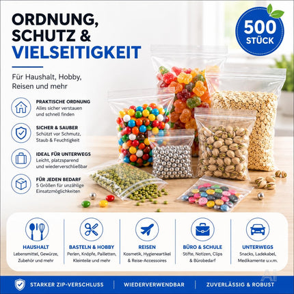 Transparente Druckverschlussbeutel in verschiedenen Größen – mit verschiedenen Lebensmitteln gefüllt