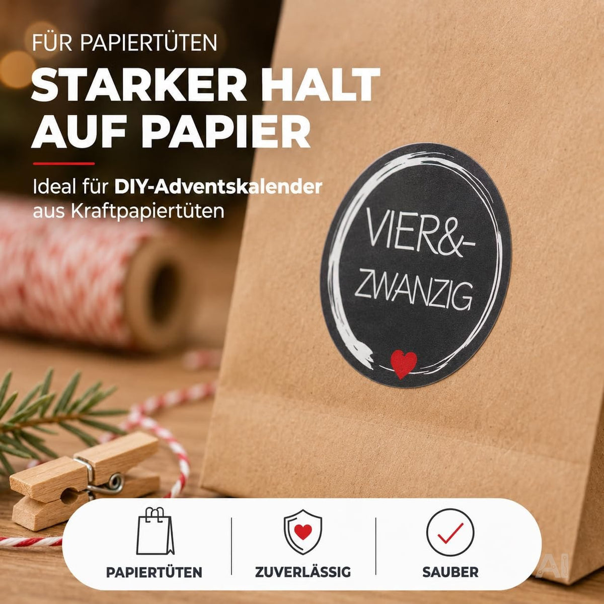 Adventskalender-Aufkleber mit den Zahlen 1 bis 24 – auf einer Papiertüte