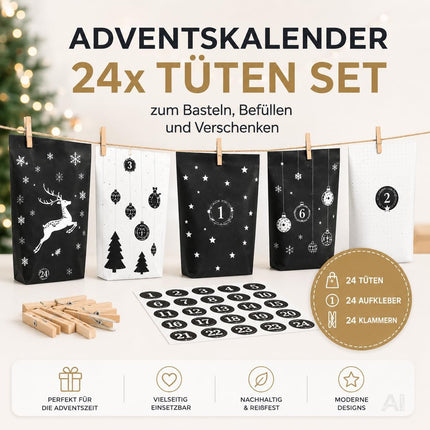 Adventskalender mit 24 Tüten Modell 3 in Schwarz und Weiß mit Weihnachtsmotiven – Produktmotiv 8