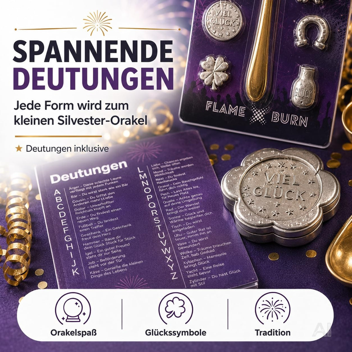 Zinngießset mit Orakelbuch – mit geöffnetem Orakelbuch