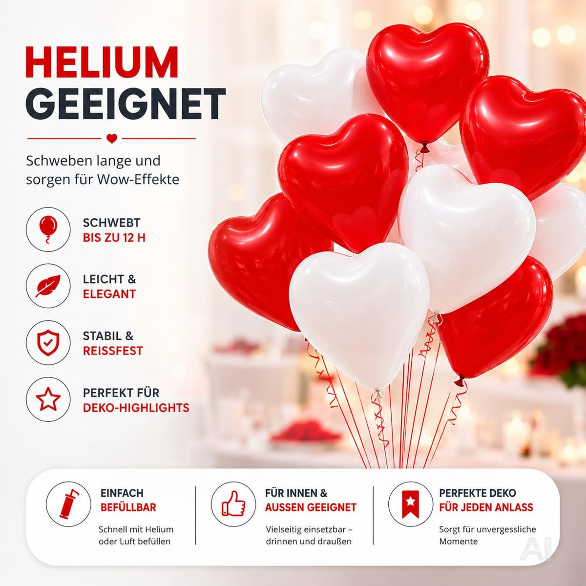Rote und weiße Herzluftballons