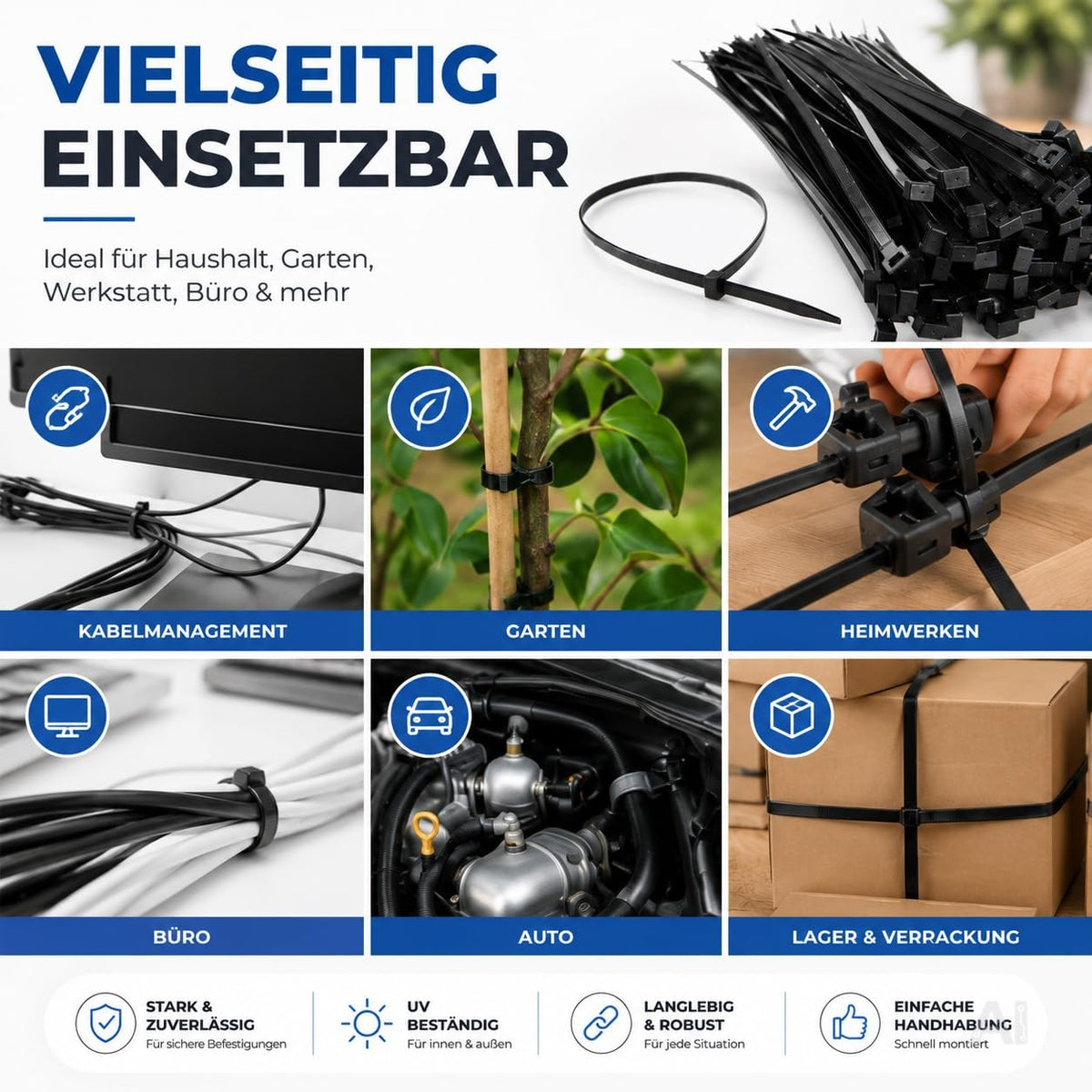 100x Kabelbinder schwarz 120 mm x 2,5 mm Cable Ties Set - kurz & lang - Zip ties reißfest & UV beständig - diverse Längen