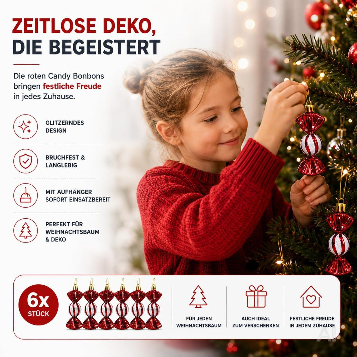 Sechs rot-weiße Bonbon-Anhänger als Christbaumschmuck – Produktmotiv 6