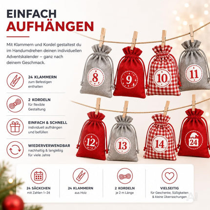Adventskalender mit 24 Säckchen Modell 1 in Rot, Grau und Rot-Weiß kariert – Produktmotiv 4