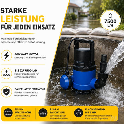 Schmutzwasser-Tauchpumpe, 400 W, 7.500 l/h – 5 m Förderhöhe, 4 m Tauchtiefe, 10 m Kabel, einstellbarer Schwimmerschalter