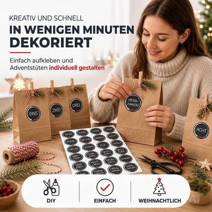 Adventskalender-Aufkleber mit den Zahlen 1 bis 24 – beim Bekleben von Papiertüten