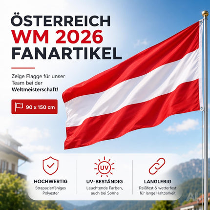 Österreich Flagge 90x150 cm – WM 2026 Weltmeisterschaft Fahne Fanartikel aus strapazierfähigem Polyester mit Metallösen