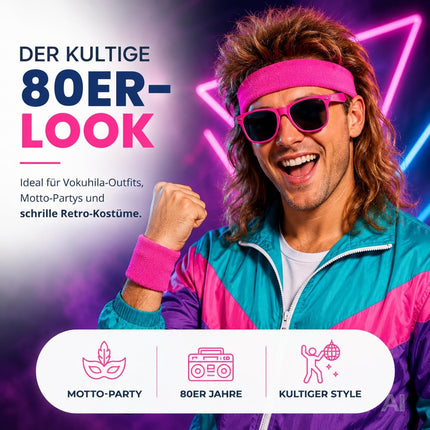 Accessoire Vokuhila Kostüme Retro-Neon-Stil – 3er Set Schweißband Set pink & Stirnband – 80er & 90er – Fasching und Karneval