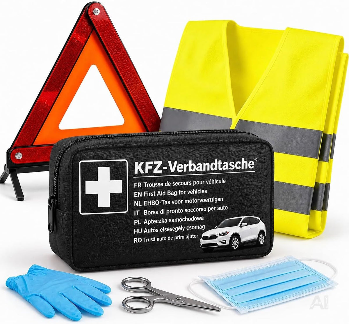 3 in 1 Set Auto Erste Hilfe Kit 2026 - KFZ-Verbandskasten, Warnweste & Pannenset