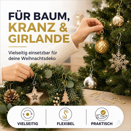 100x Haken Weihnachtsbaum - Kugelaufhänger Baumhaken in Gold und Silber