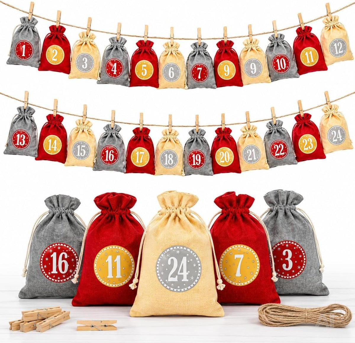 Adventskalender zum Befüllen – 24 Säckchen Modell 2 mit Zahlenaufklebern 1–24 und Klammern, DIY-Weihnachtskalender zum Basteln und Verschenken, Stoffbeutel mit Kordelzug für kleine Überraschungen