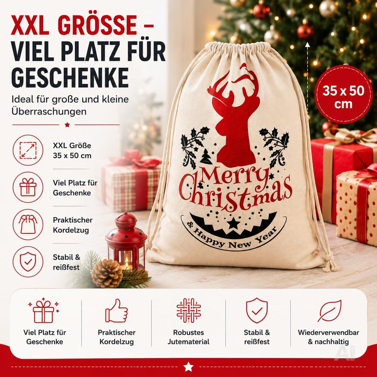 Vier Weihnachts-Geschenksäcke Modell 1 in natürlicher Optik mit Kordelzug – Produktmotiv 6
