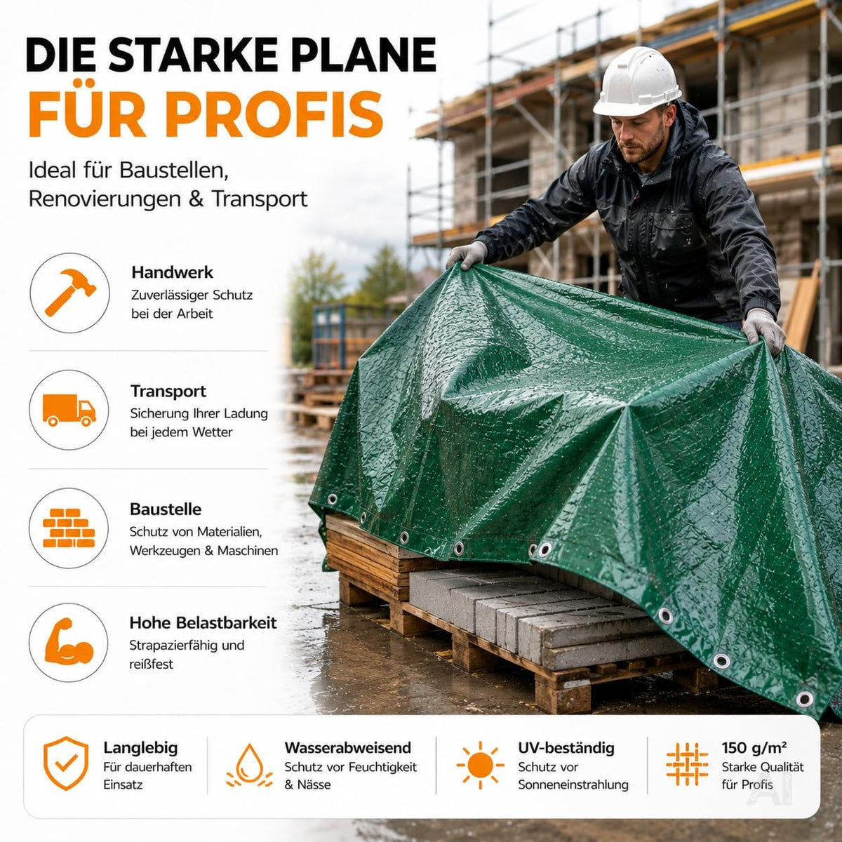 Grüne Abdeckplane mit Ösen – beim Abdecken von Baumaterial