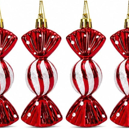 Sechs rot-weiße Bonbon-Anhänger als Christbaumschmuck – Setübersicht
