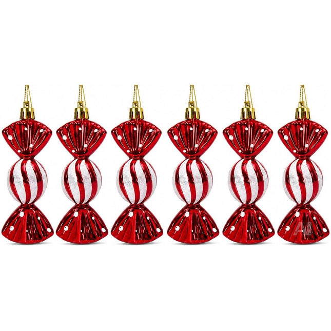Sechs rot-weiße Bonbon-Anhänger als Christbaumschmuck – Setübersicht