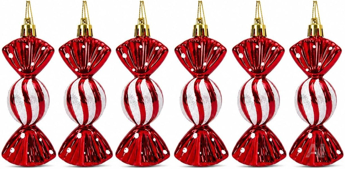 6x Christbaumschmuck Bonbons – Rot-weiße Anhänger mit Glitzereffekt, 10,5 x 4,5 cm, wiederverwendbare Weihnachtsbaumdeko aus Kunststoff (6er Set)
