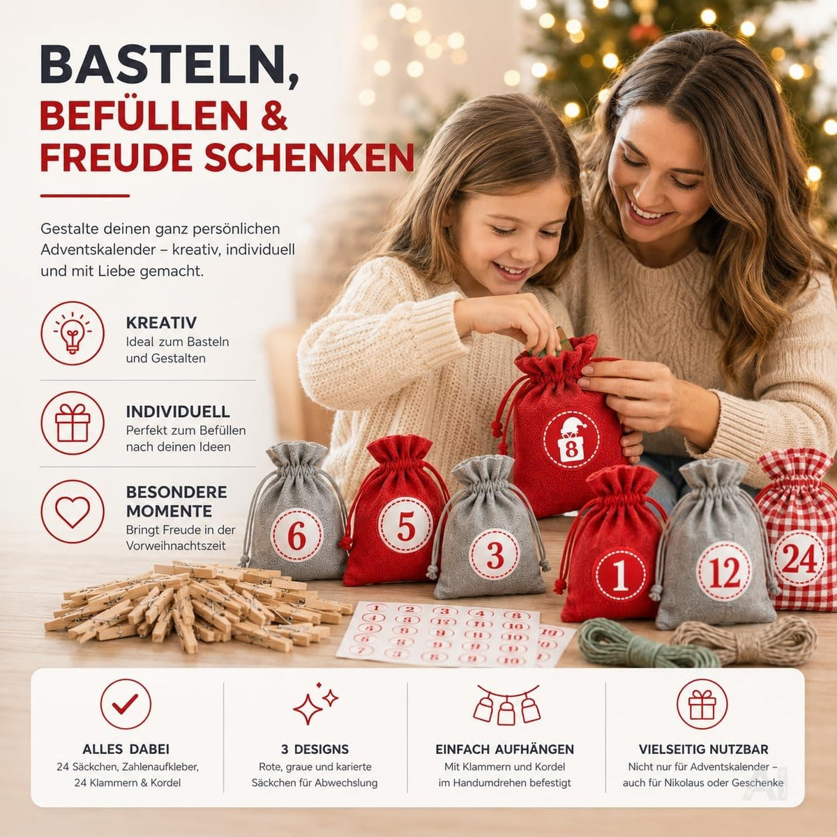 Adventskalender mit 24 Säckchen Modell 1 in Rot, Grau und Rot-Weiß kariert – Produktmotiv 6