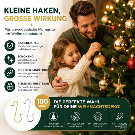 100x Weihnachtsbaum Haken: Baumhaken Kugelaufhänger in Gold und Silber