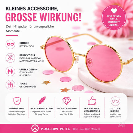 Runde Hippie-Brille mit rosa Gläsern