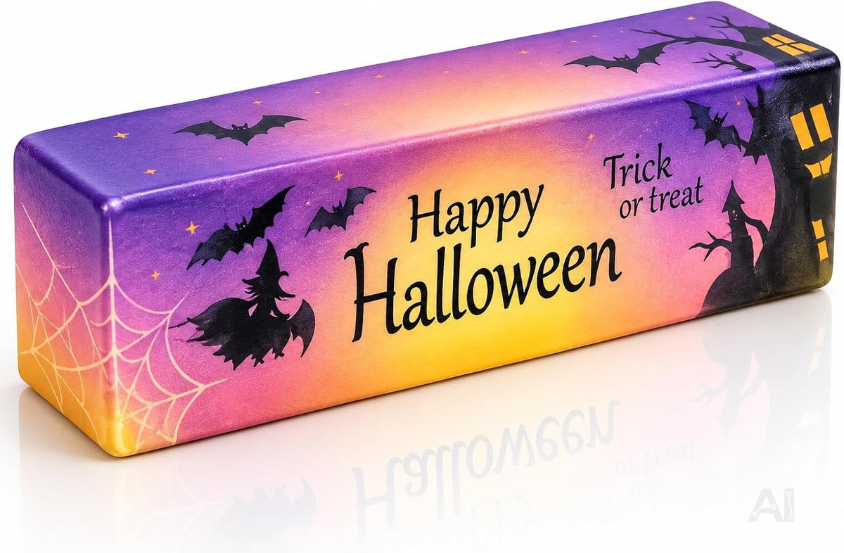 Butter Squishy Halloween 02 – Antistress-Spielzeug zum Drücken, Kneten und Quetschen, weiches Fidget-Spielzeug in Butter-Optik, violett mit Hexenmotiv, für Büro, Schule und Alltag, 1 Stück, ab 3 Jahren