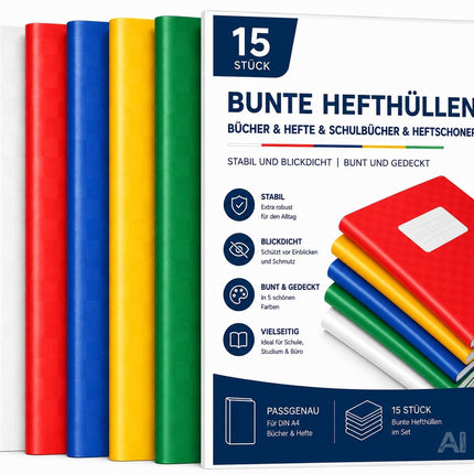 15x bunte Hefthüllen A4 – Heftumschläge & Heftschoner für Schulhefte, Bücher & Schulbücher – Blickdicht und strapazierfähig (15x bunt)