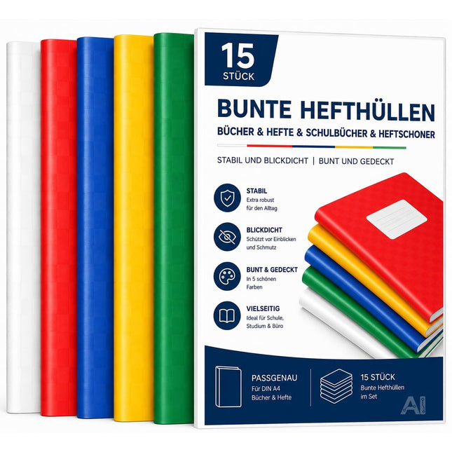 15x bunte Hefthüllen A4 – Heftumschläge & Heftschoner für Schulhefte, Bücher & Schulbücher – Blickdicht und strapazierfähig (15x bunt)