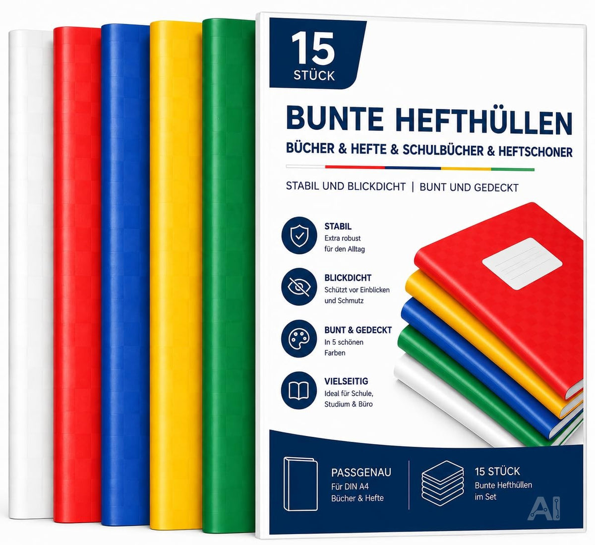 15x bunte Hefthüllen A4 – Heftumschläge & Heftschoner für Schulhefte, Bücher & Schulbücher – Blickdicht und strapazierfähig (15x bunt)