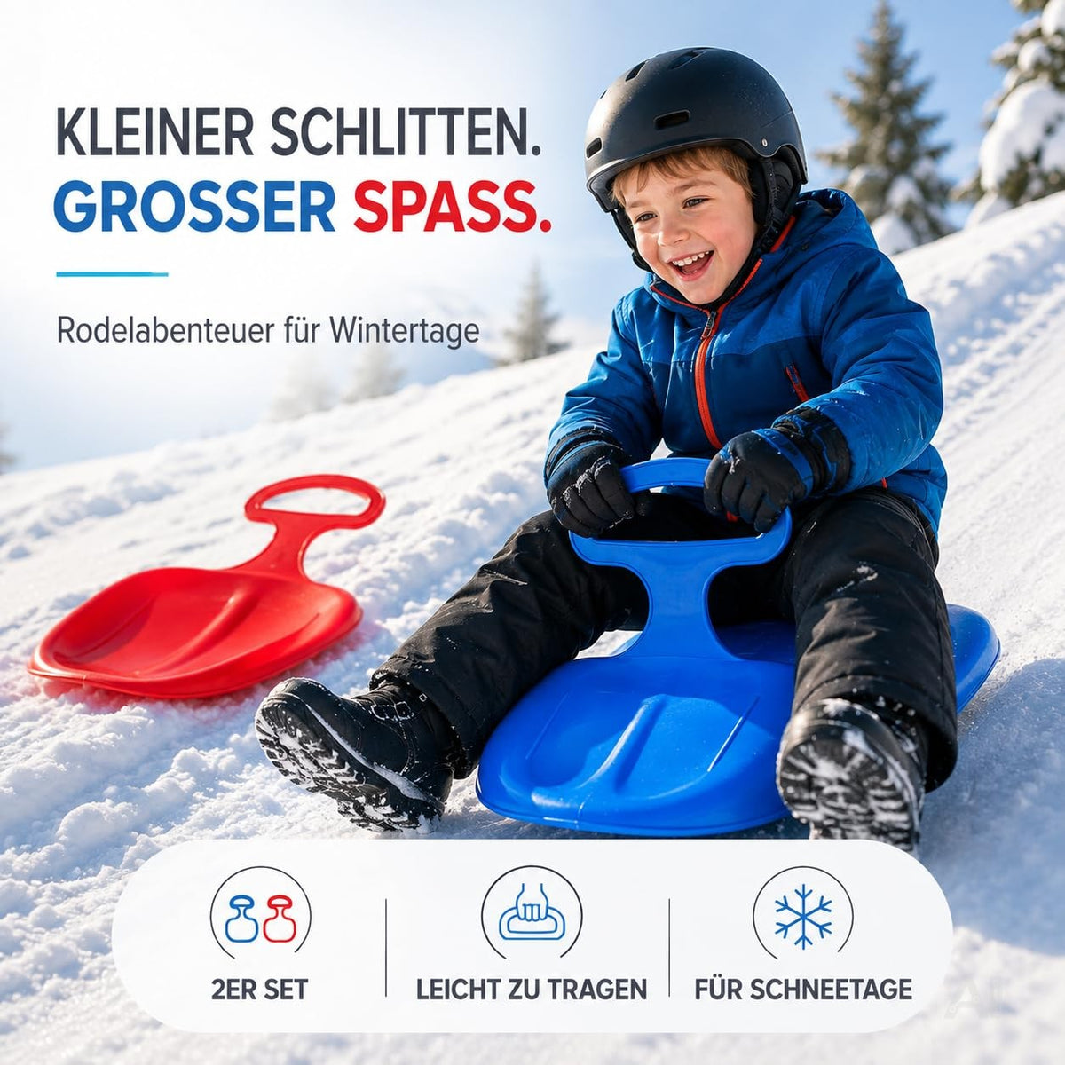 Blaue und rote Poporutscher – mit einem Kind im Schnee